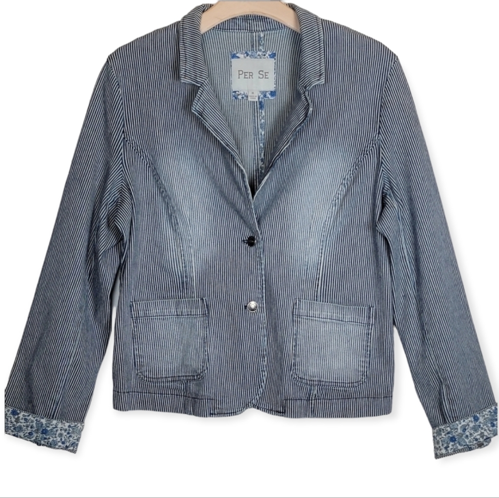 Per Se Pinstripe Distressed Cotton Blazer With Contrasting Cuff Print, EUC, szXL